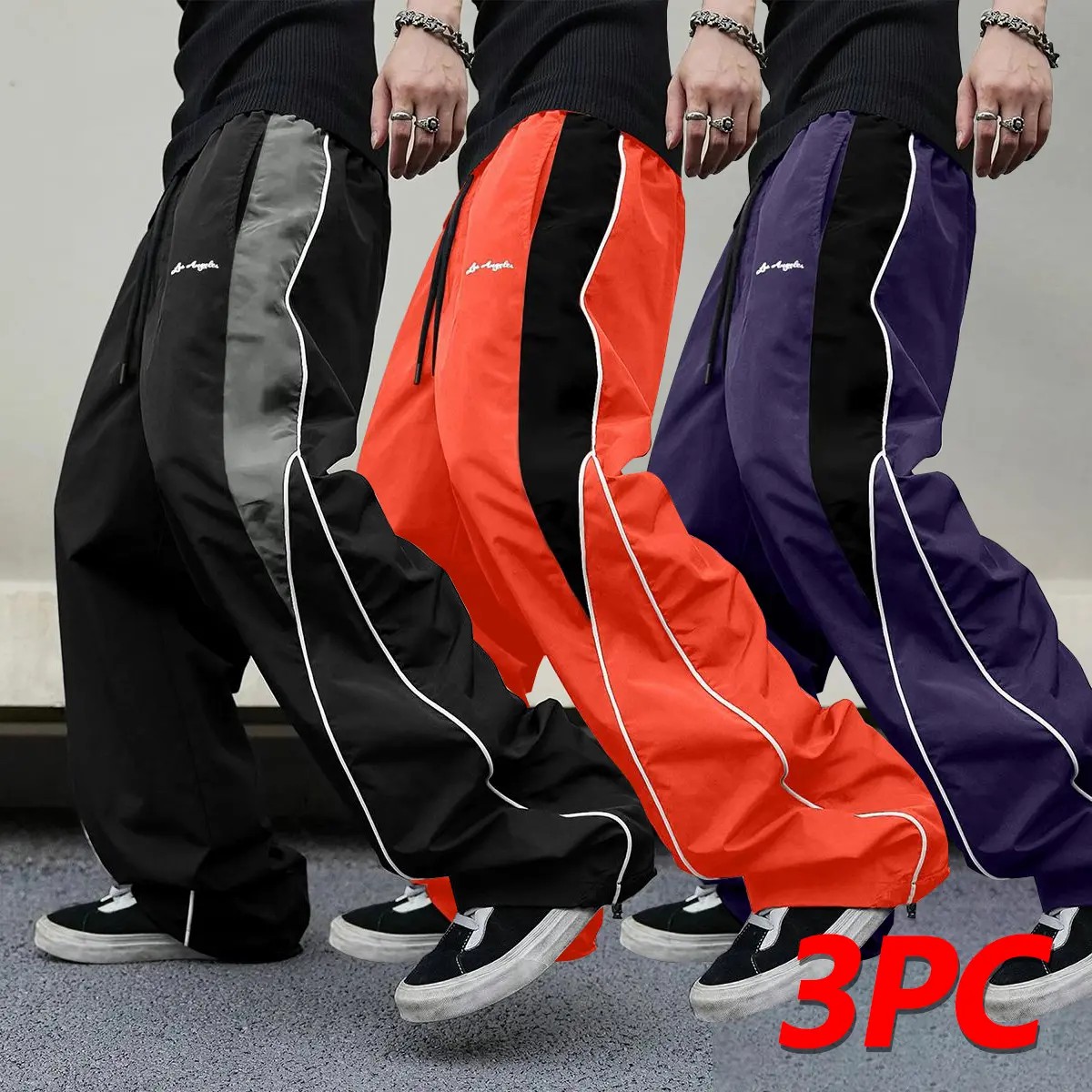 Men's Color-Block Side Stripe Wide Leg Pants – American Retro Loose Drape Sweatpants with LA Embroidery