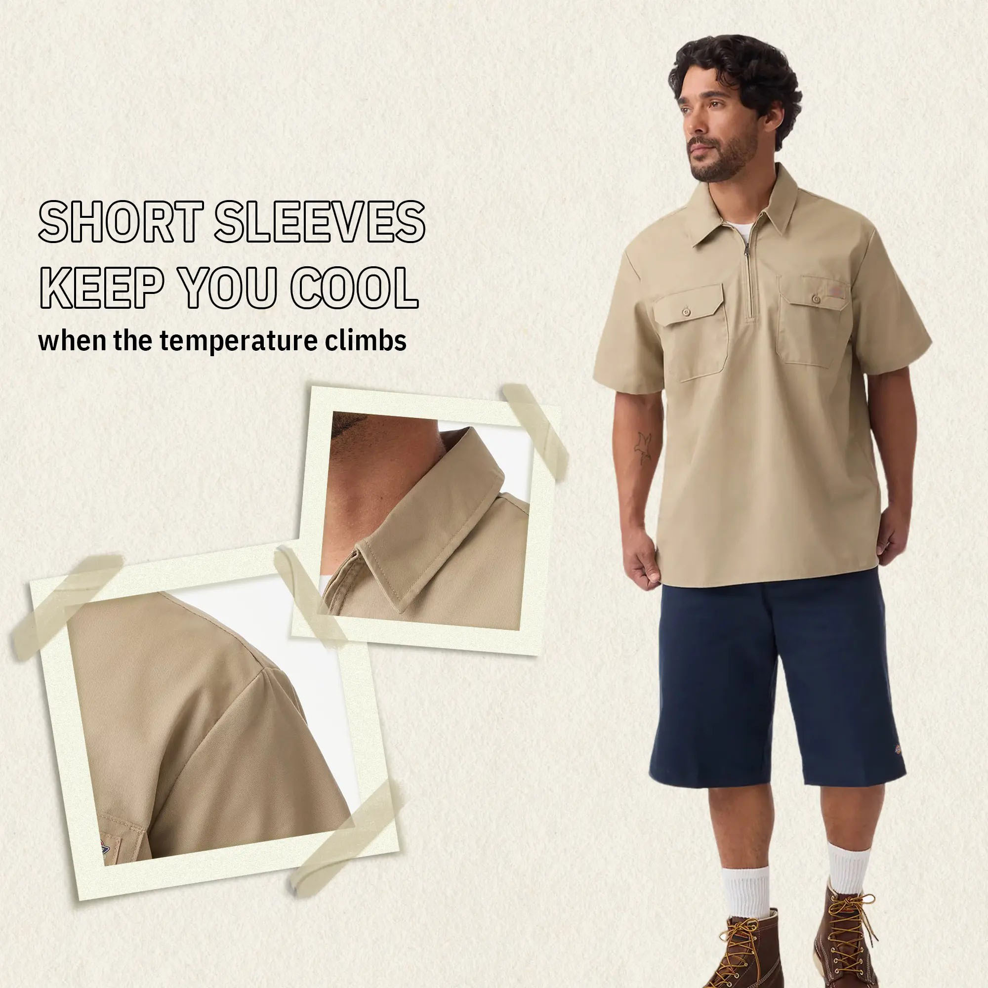 Men's 1/4 Zip Work Shirt – Relaxed Fit, Breathable Short Sleeve, Workwear Style Top