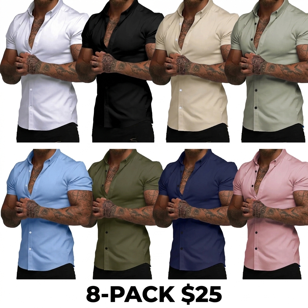 Men's Muscle Fit Short Sleeve Dress Shirt – 4-Way Stretch, Wrinkle-Free, Casual Button Down
