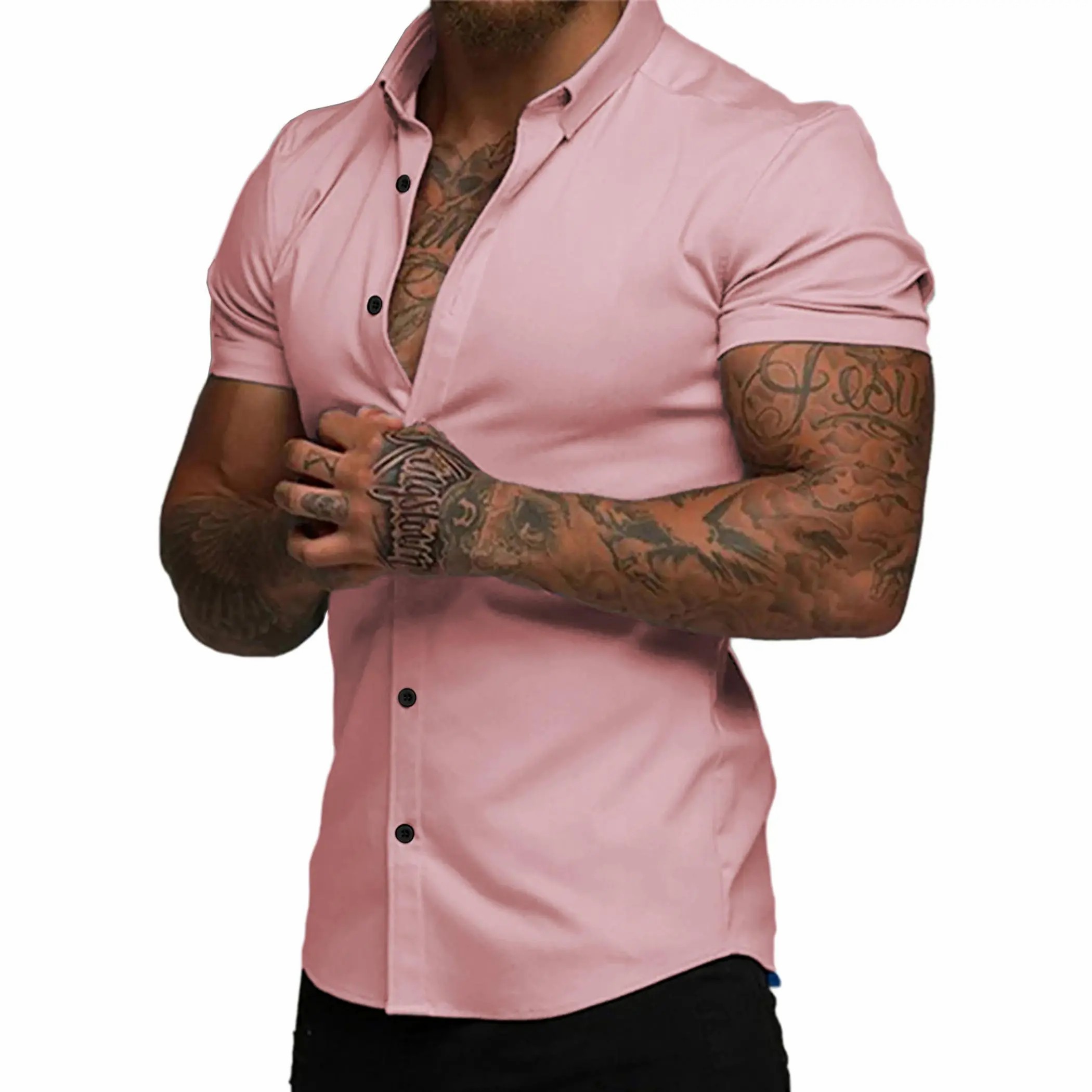 Men's Muscle Fit Short Sleeve Dress Shirt – 4-Way Stretch, Wrinkle-Free, Casual Button Down