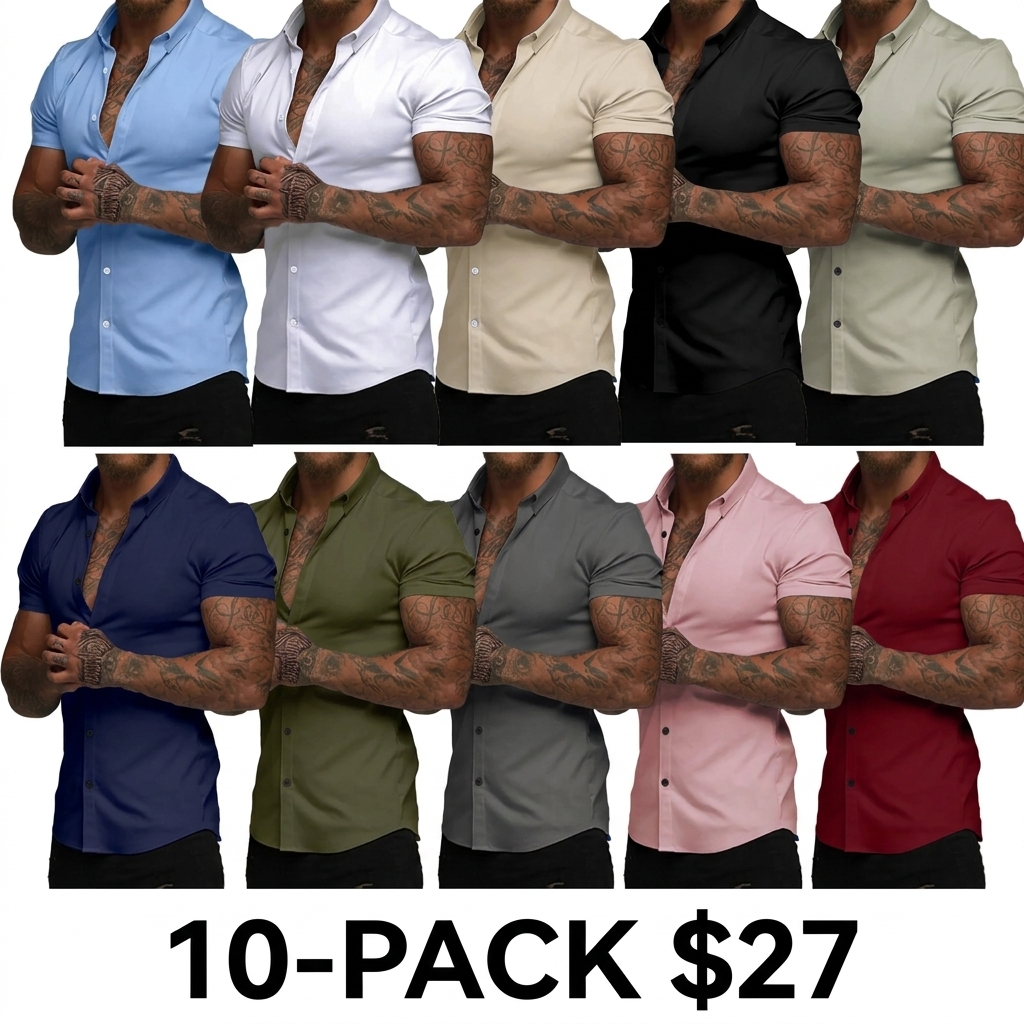 Men's Muscle Fit Short Sleeve Dress Shirt – 4-Way Stretch, Wrinkle-Free, Casual Button Down