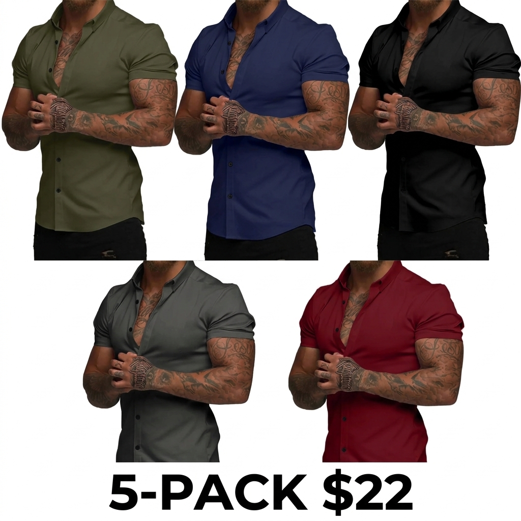 Men's Muscle Fit Short Sleeve Dress Shirt – 4-Way Stretch, Wrinkle-Free, Casual Button Down