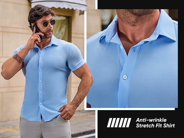 Men's Muscle Fit Short Sleeve Dress Shirt – 4-Way Stretch, Wrinkle-Free, Casual Button Down