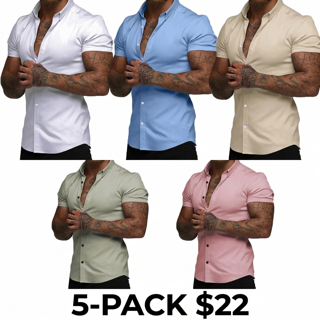 Men's Muscle Fit Short Sleeve Dress Shirt – 4-Way Stretch, Wrinkle-Free, Casual Button Down
