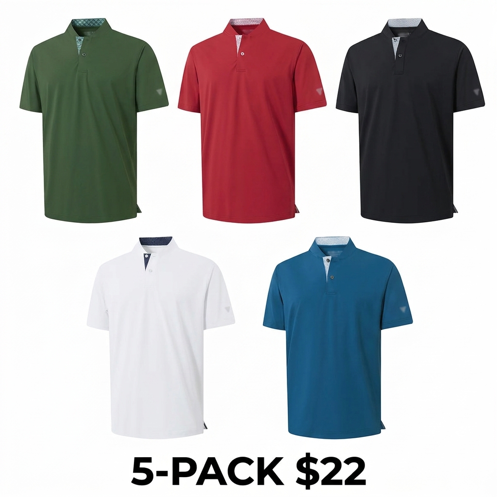 Men's Collarless Performance Golf Shirt – Dry Fit Henley, Moisture Wicking, Short Sleeve