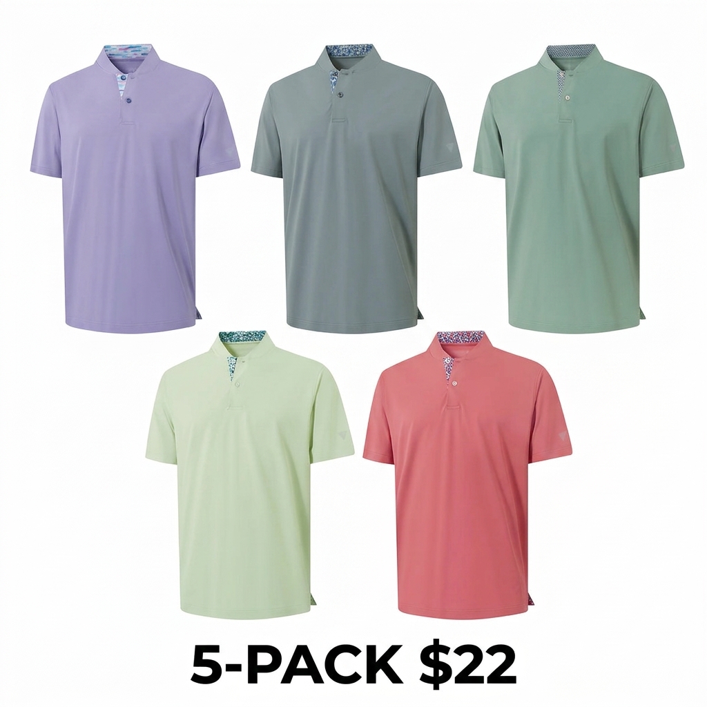 Men's Collarless Performance Golf Shirt – Dry Fit Henley, Moisture Wicking, Short Sleeve