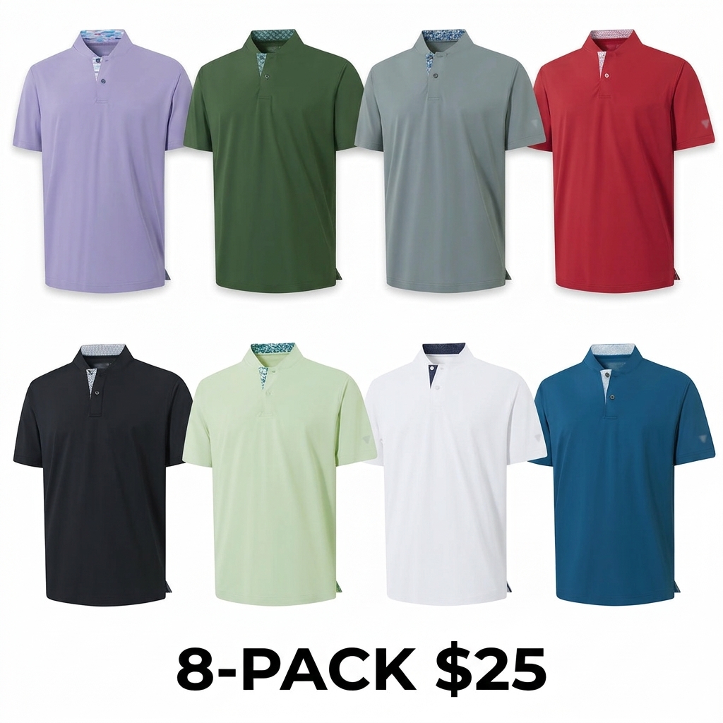 Men's Collarless Performance Golf Shirt – Dry Fit Henley, Moisture Wicking, Short Sleeve