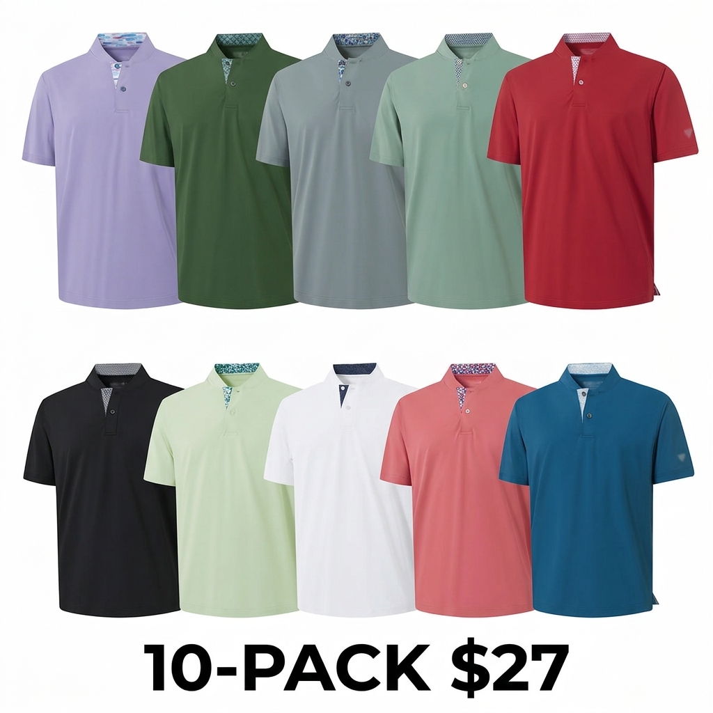 Men's Collarless Performance Golf Shirt – Dry Fit Henley, Moisture Wicking, Short Sleeve