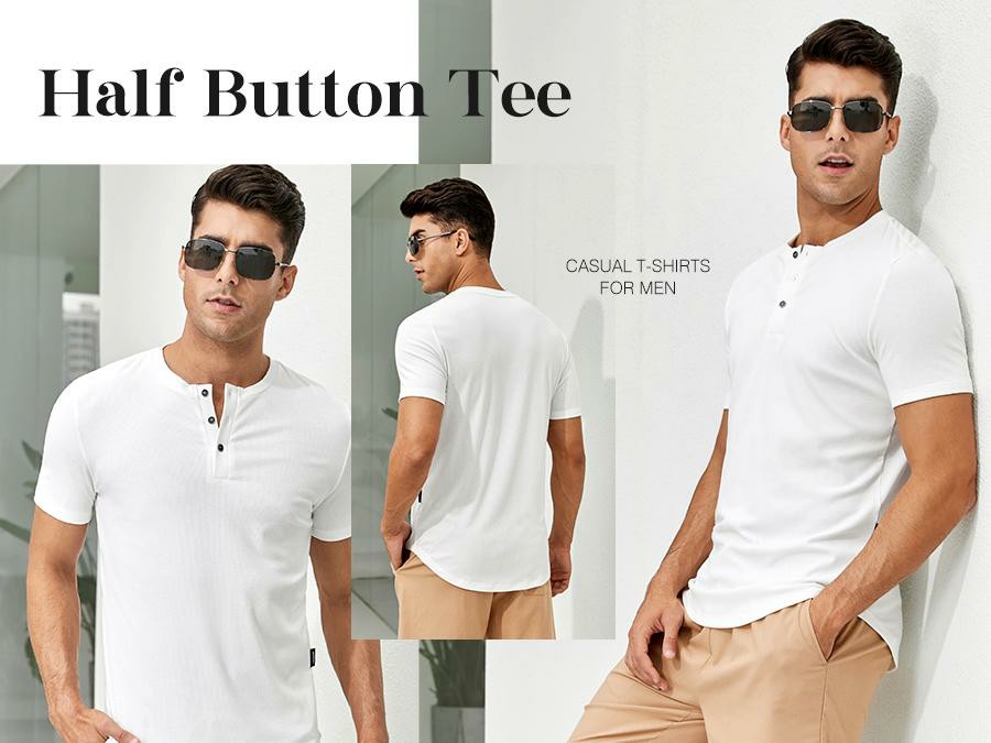 Men's Slim Fit Henley T-Shirt – Muscle Fit Longline Crewneck with Button Detail, Gym & Streetwear