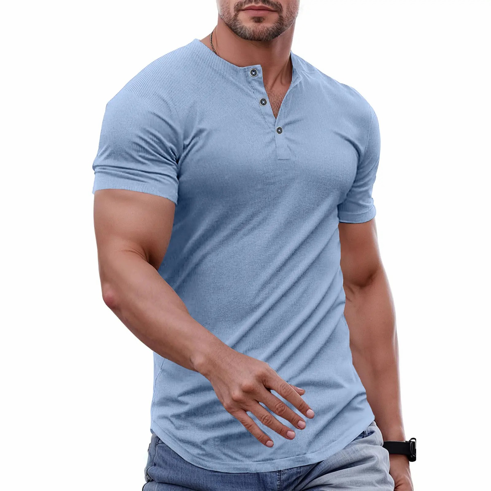 Men's Slim Fit Henley T-Shirt – Muscle Fit Longline Crewneck with Button Detail, Gym & Streetwear