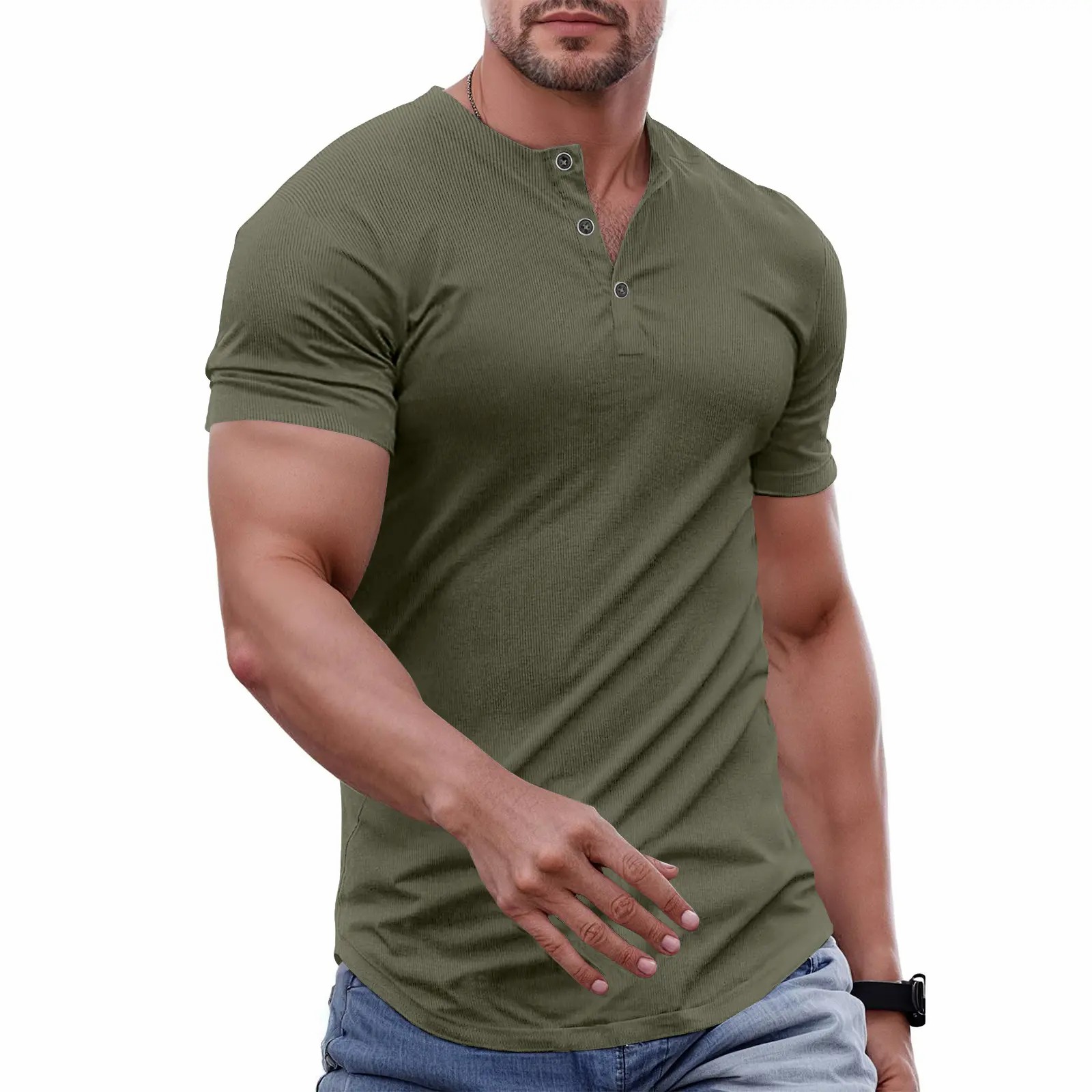 Men's Slim Fit Henley T-Shirt – Muscle Fit Longline Crewneck with Button Detail, Gym & Streetwear