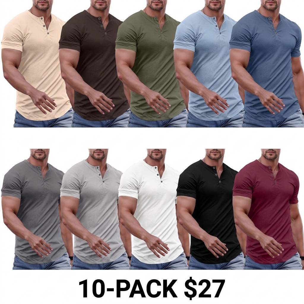 Men's Slim Fit Henley T-Shirt – Muscle Fit Longline Crewneck with Button Detail, Gym & Streetwear