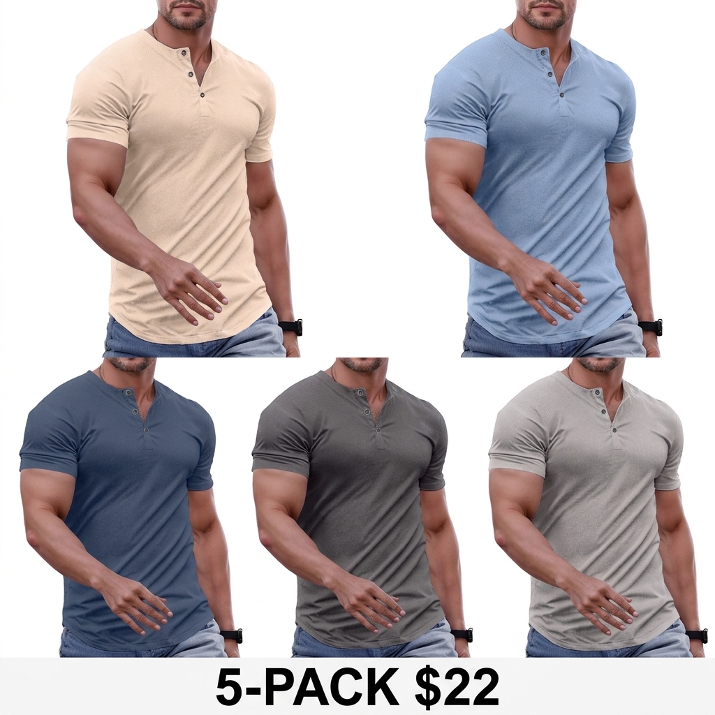 Men's Slim Fit Henley T-Shirt – Muscle Fit Longline Crewneck with Button Detail, Gym & Streetwear