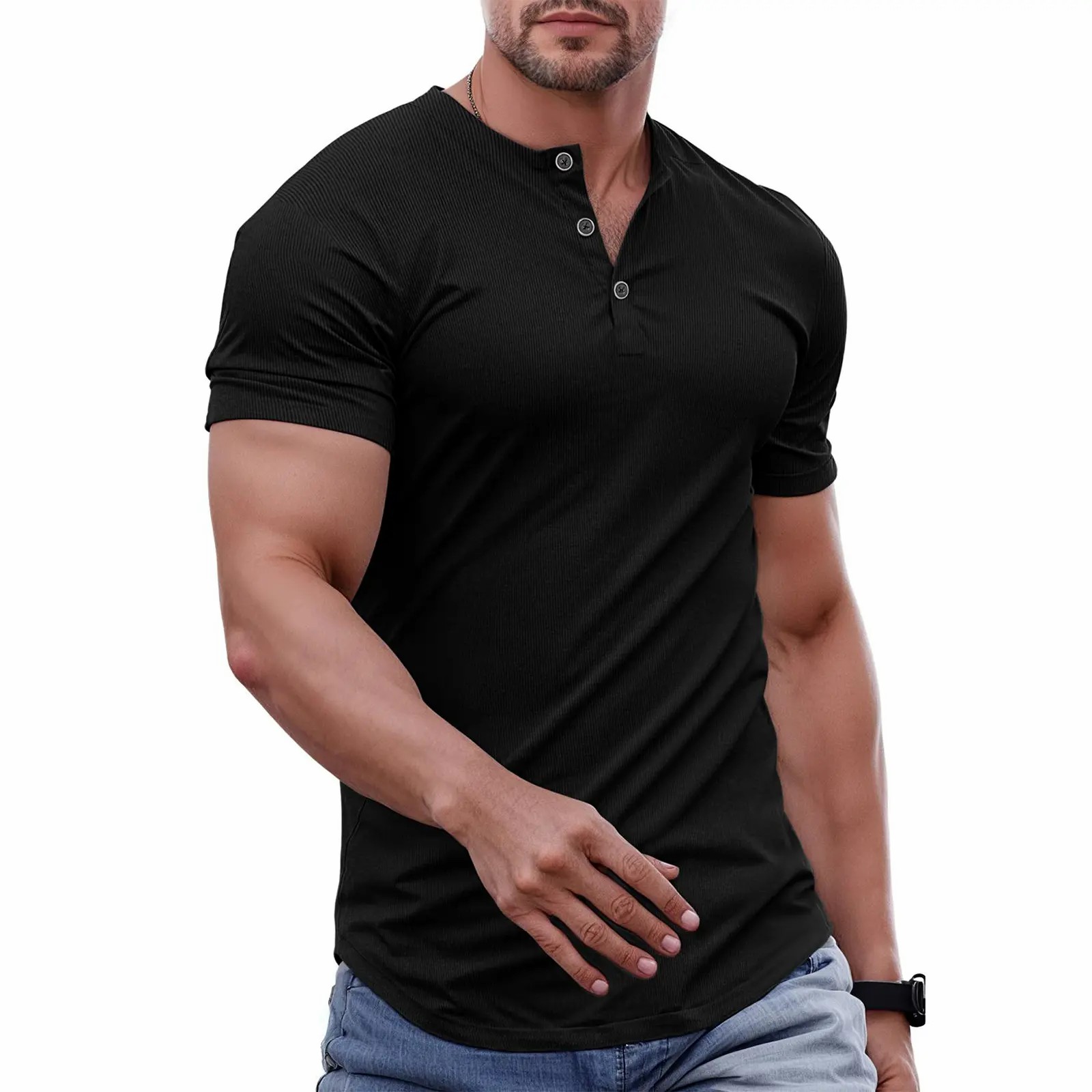 Men's Slim Fit Henley T-Shirt – Muscle Fit Longline Crewneck with Button Detail, Gym & Streetwear