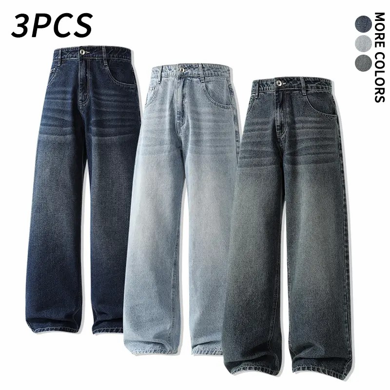 Men's 5-Pack Vintage Wash Wide Leg Jeans – Casual Loose Baggy Denim Pants for Streetwear