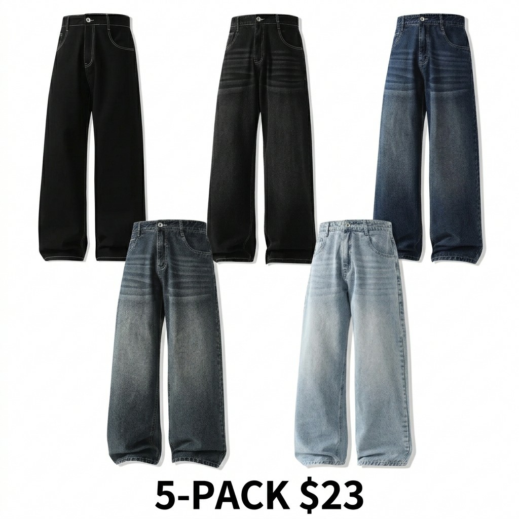 Men's 5-Pack Vintage Wash Wide Leg Jeans – Casual Loose Baggy Denim Pants for Streetwear