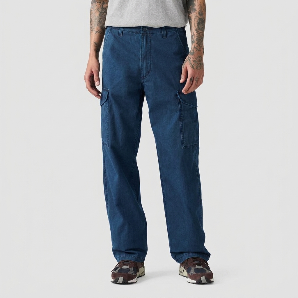 Men's Baggy Wide Leg Utility Cargo Pants – 100% Cotton Canvas Adjustable Waist Casual Trousers