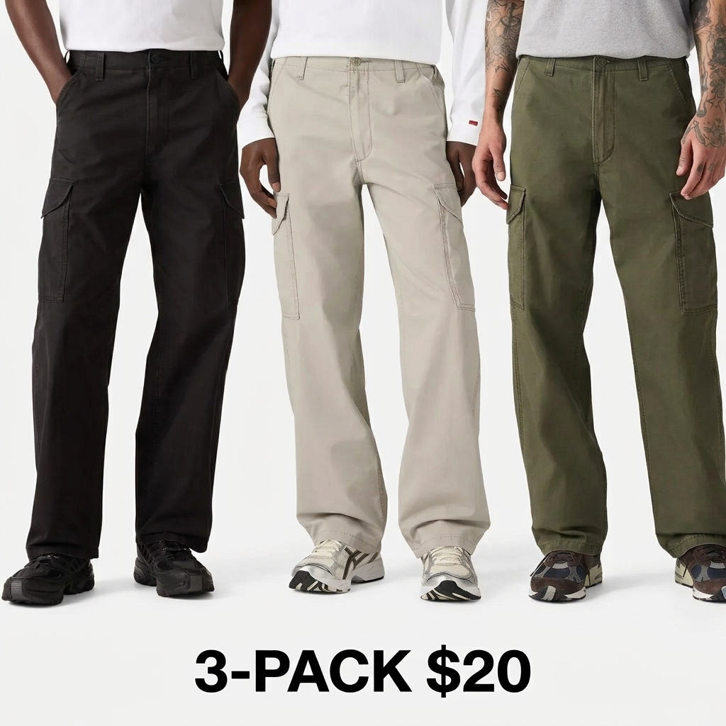 Men's Baggy Wide Leg Utility Cargo Pants – 100% Cotton Canvas Adjustable Waist Casual Trousers