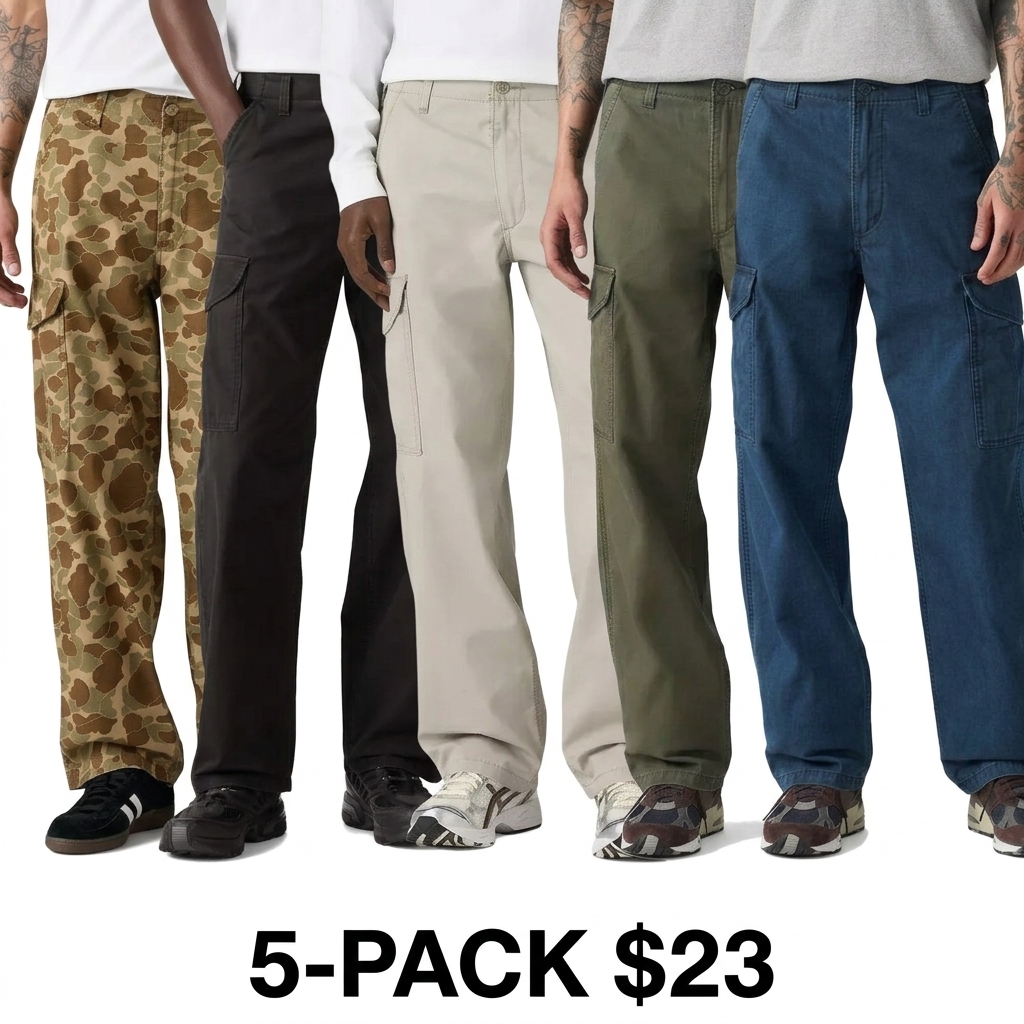 Men's Baggy Wide Leg Utility Cargo Pants – 100% Cotton Canvas Adjustable Waist Casual Trousers