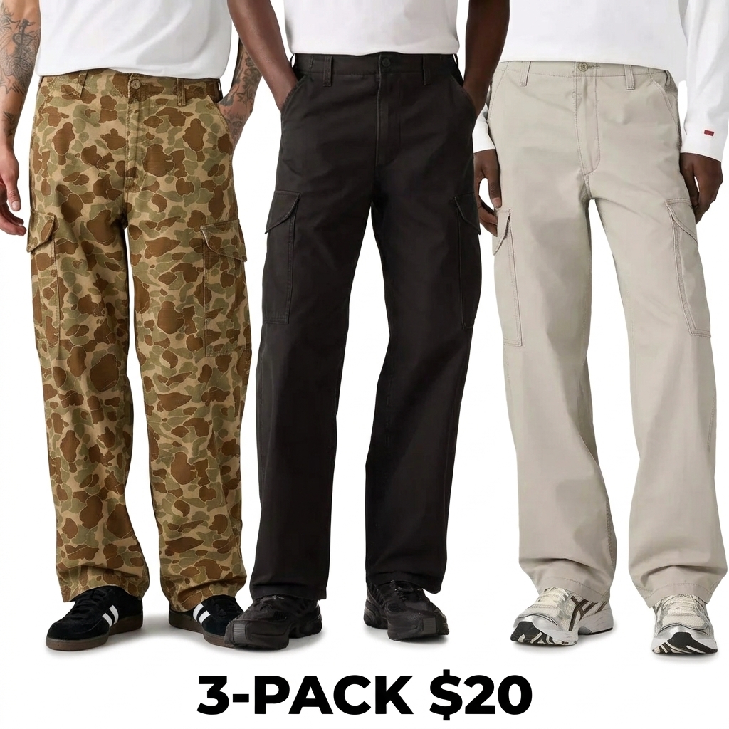 Men's Baggy Wide Leg Utility Cargo Pants – 100% Cotton Canvas Adjustable Waist Casual Trousers