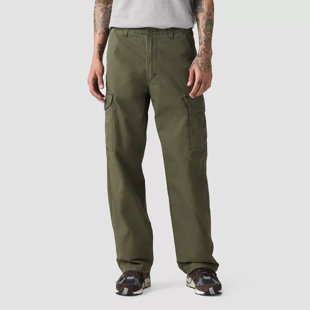 Men's Baggy Wide Leg Utility Cargo Pants – 100% Cotton Canvas Adjustable Waist Casual Trousers