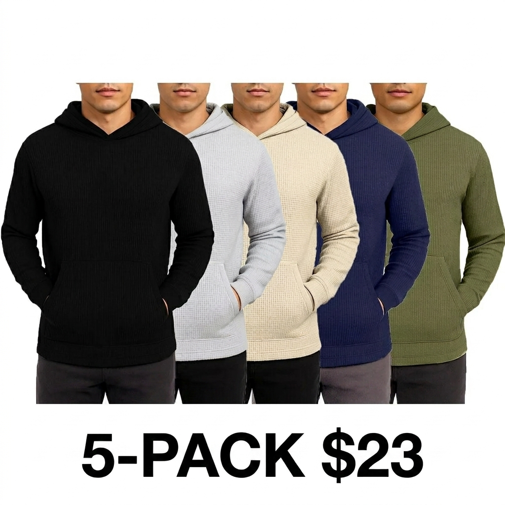 Men's Multi-Pack Waffle Knit Pullover Hoodie – Soft Thermal Crew Neck Sweatshirt with Kangaroo Pocket