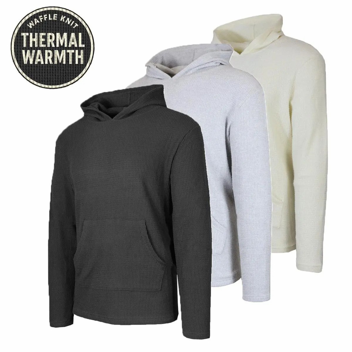 Men's Multi-Pack Waffle Knit Pullover Hoodie – Soft Thermal Crew Neck Sweatshirt with Kangaroo Pocket