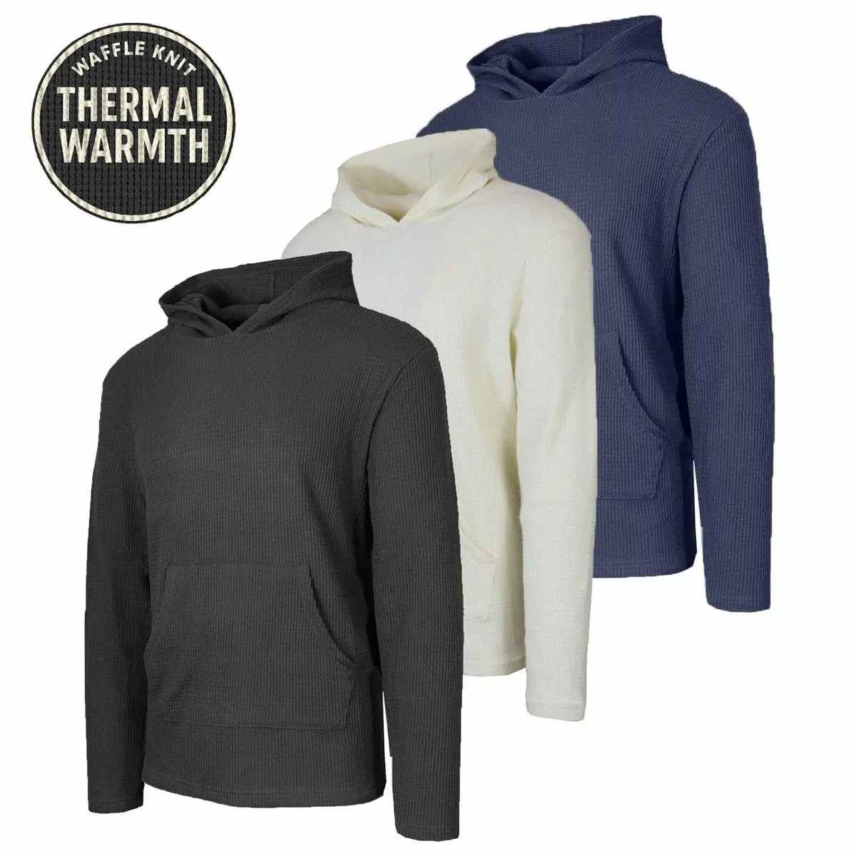 Men's Multi-Pack Waffle Knit Pullover Hoodie – Soft Thermal Crew Neck Sweatshirt with Kangaroo Pocket