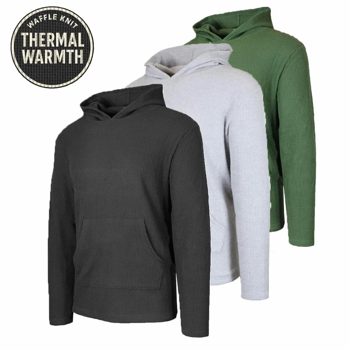 Men's Multi-Pack Waffle Knit Pullover Hoodie – Soft Thermal Crew Neck Sweatshirt with Kangaroo Pocket