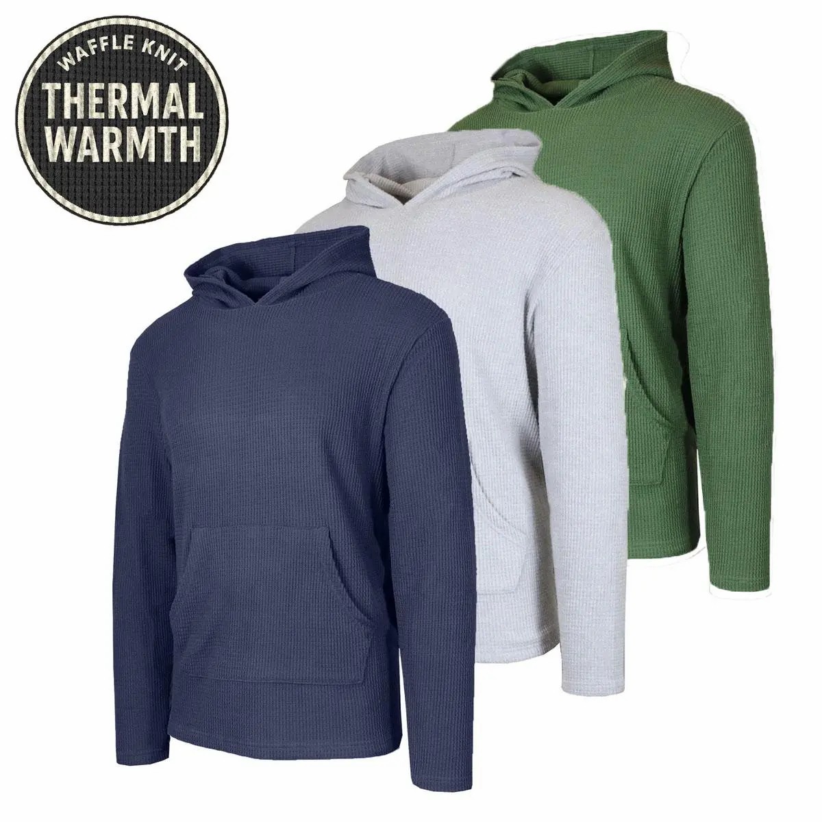 Men's Multi-Pack Waffle Knit Pullover Hoodie – Soft Thermal Crew Neck Sweatshirt with Kangaroo Pocket