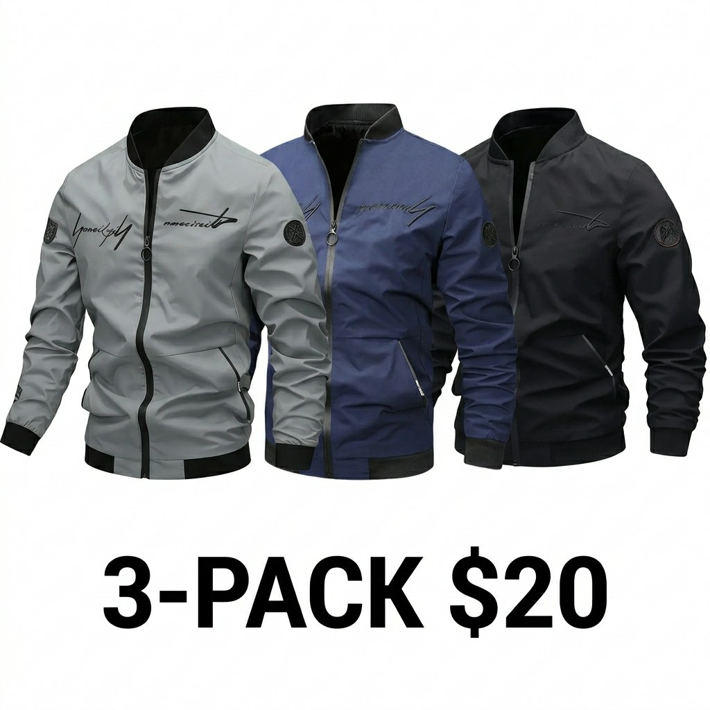 Men's Pilot Style Zip Up Jacket – Casual Fitted Bomber with Letter Embroidery