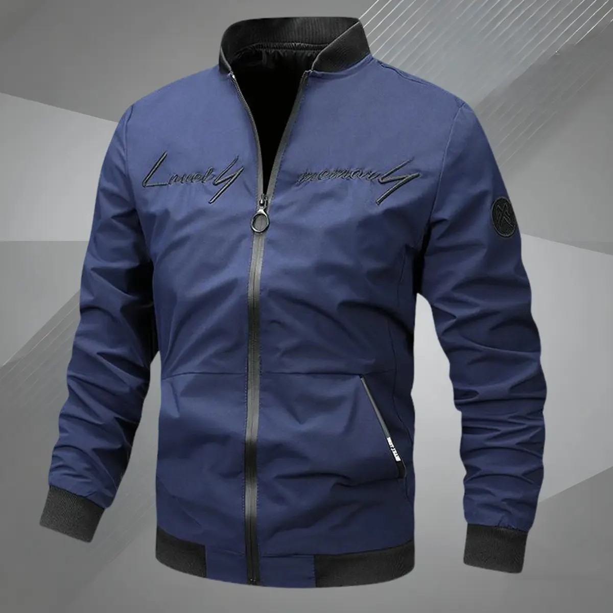 Men's Pilot Style Zip Up Jacket – Casual Fitted Bomber with Letter Embroidery