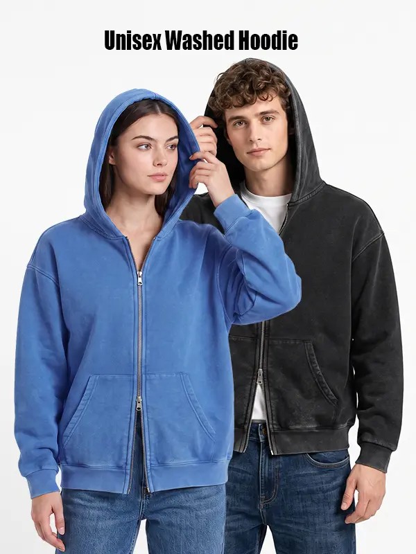Unisex Vintage Washed Zip-Up Hoodie – Oversized Full-Zip Streetwear Sweatshirt with Kangaroo Pocket