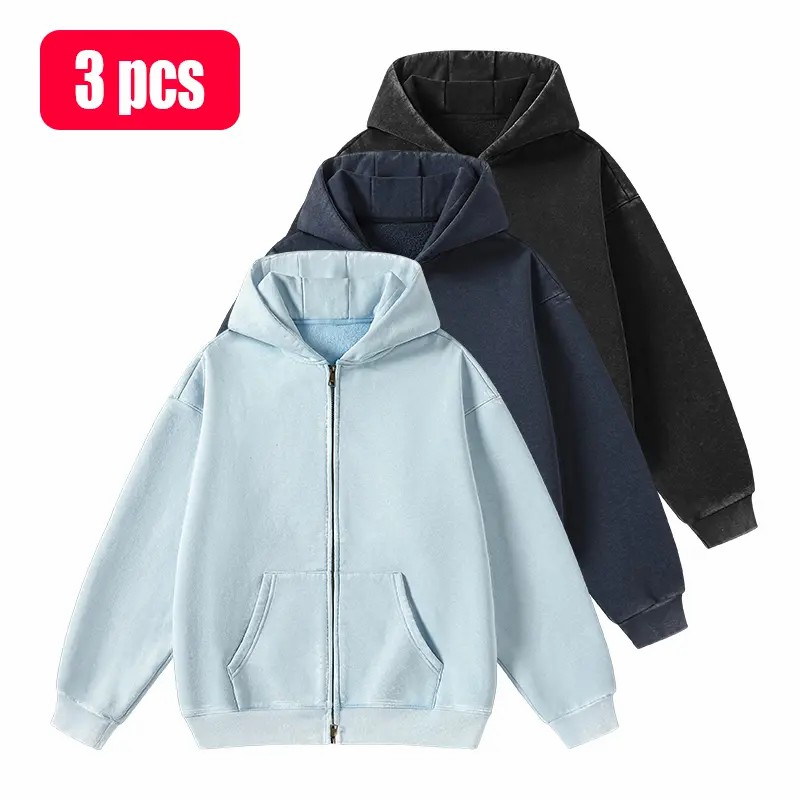 Unisex Vintage Washed Zip-Up Hoodie – Oversized Full-Zip Streetwear Sweatshirt with Kangaroo Pocket