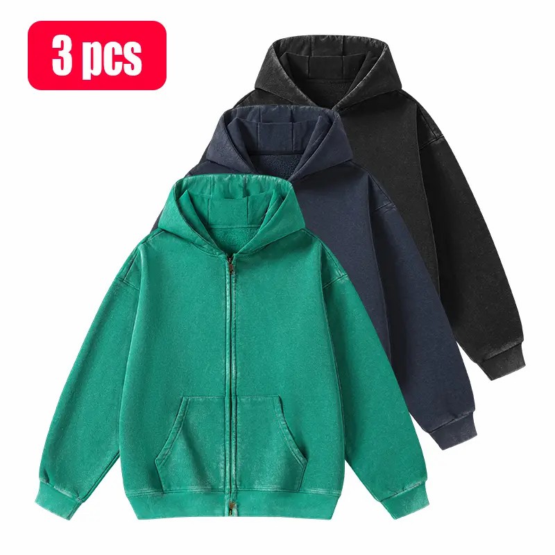Unisex Vintage Washed Zip-Up Hoodie – Oversized Full-Zip Streetwear Sweatshirt with Kangaroo Pocket