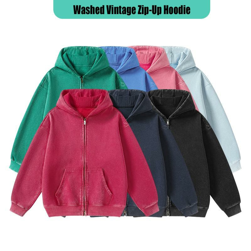 Unisex Vintage Washed Zip-Up Hoodie – Oversized Full-Zip Streetwear Sweatshirt with Kangaroo Pocket