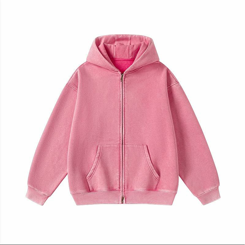 Unisex Vintage Washed Zip-Up Hoodie – Oversized Full-Zip Streetwear Sweatshirt with Kangaroo Pocket