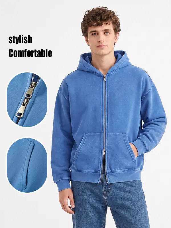 Unisex Vintage Washed Zip-Up Hoodie – Oversized Full-Zip Streetwear Sweatshirt with Kangaroo Pocket