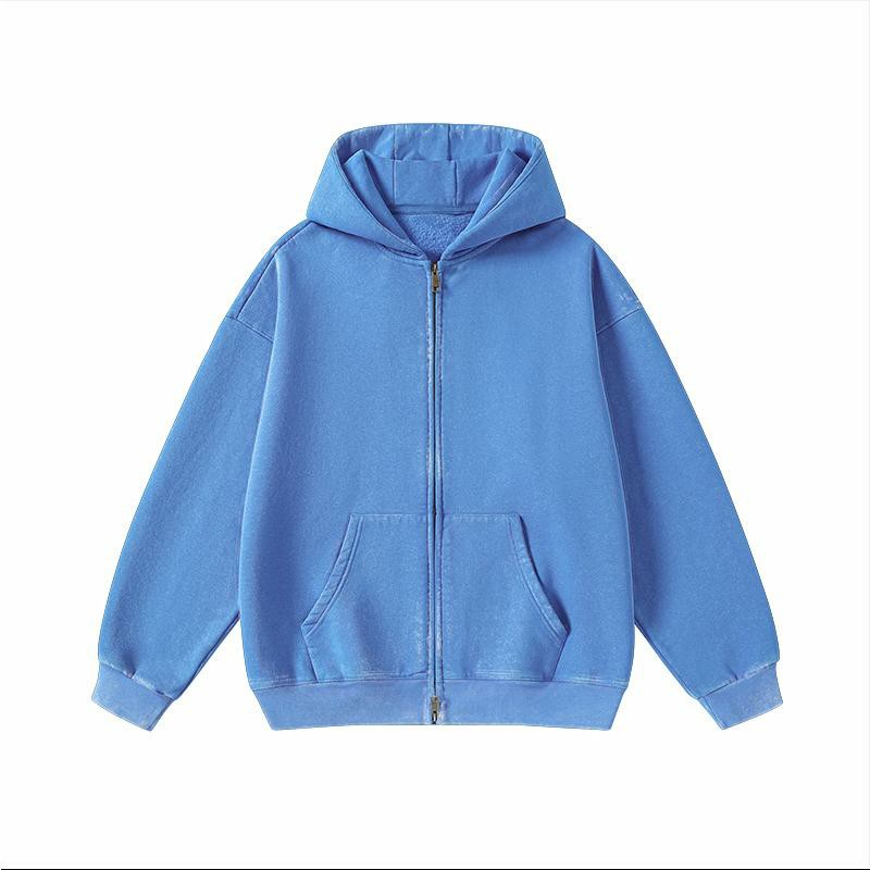 Unisex Vintage Washed Zip-Up Hoodie – Oversized Full-Zip Streetwear Sweatshirt with Kangaroo Pocket