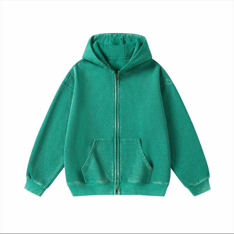 Unisex Vintage Washed Zip-Up Hoodie – Oversized Full-Zip Streetwear Sweatshirt with Kangaroo Pocket