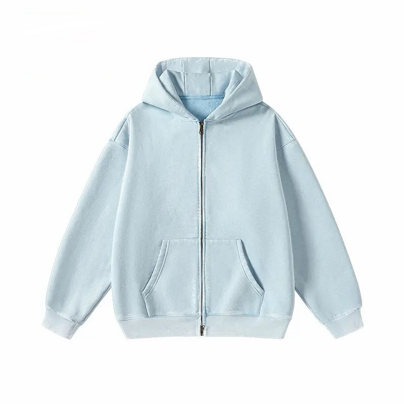 Unisex Vintage Washed Zip-Up Hoodie – Oversized Full-Zip Streetwear Sweatshirt with Kangaroo Pocket