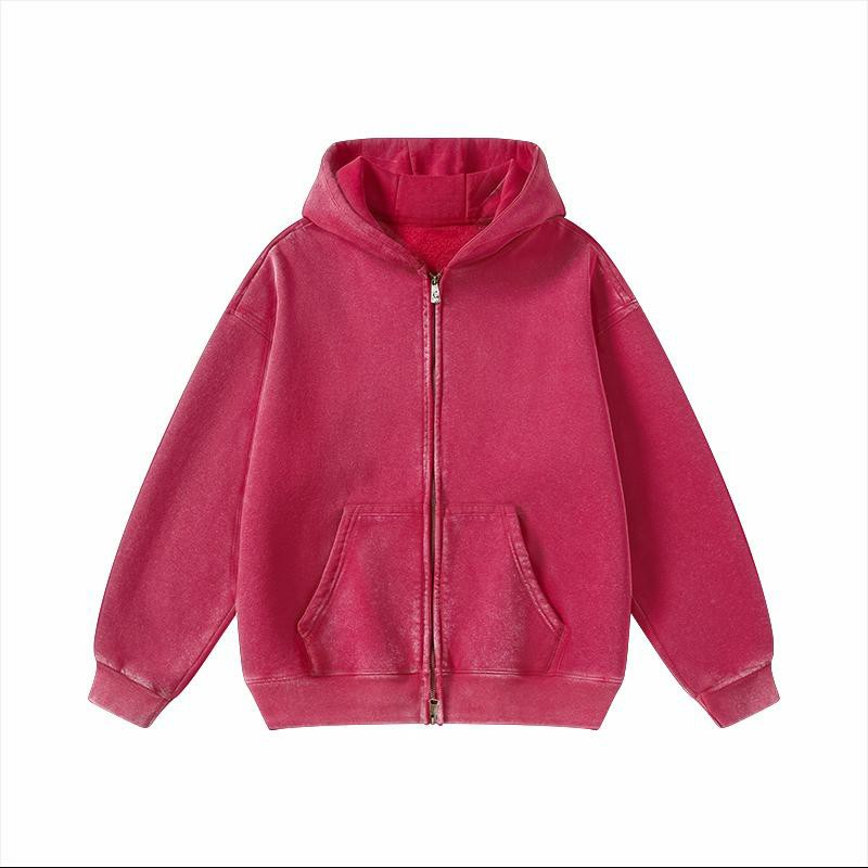 Unisex Vintage Washed Zip-Up Hoodie – Oversized Full-Zip Streetwear Sweatshirt with Kangaroo Pocket
