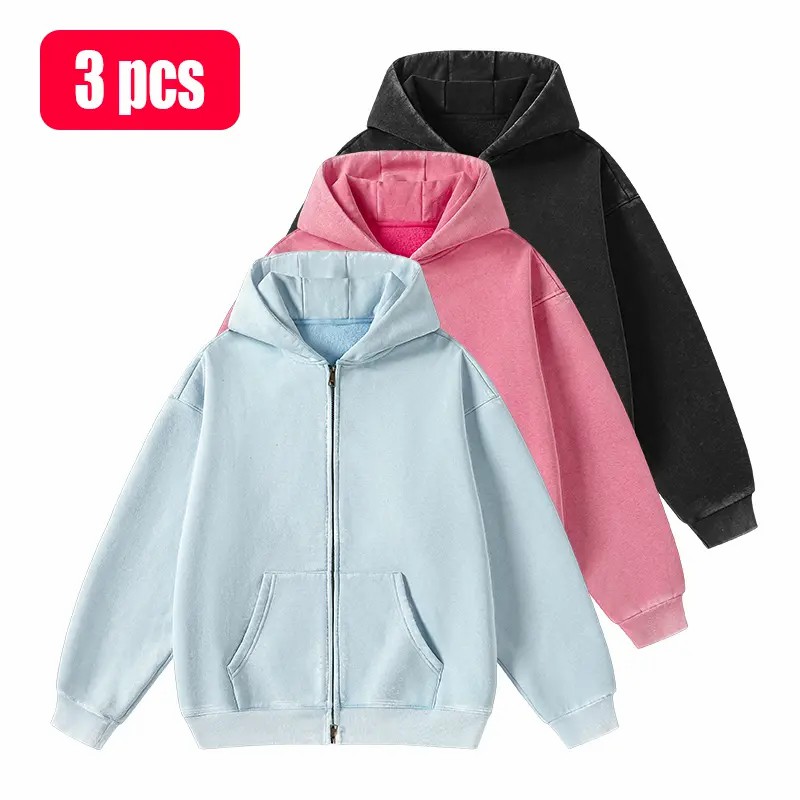 Unisex Vintage Washed Zip-Up Hoodie – Oversized Full-Zip Streetwear Sweatshirt with Kangaroo Pocket
