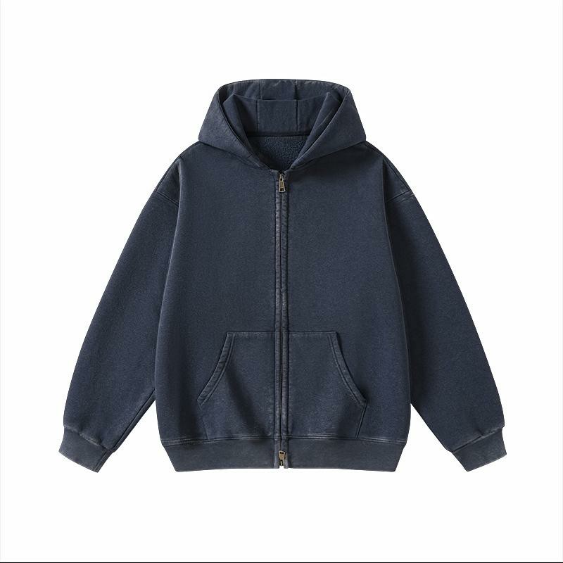 Unisex Vintage Washed Zip-Up Hoodie – Oversized Full-Zip Streetwear Sweatshirt with Kangaroo Pocket