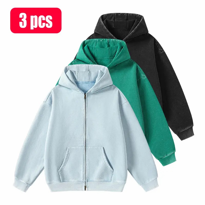 Unisex Vintage Washed Zip-Up Hoodie – Oversized Full-Zip Streetwear Sweatshirt with Kangaroo Pocket
