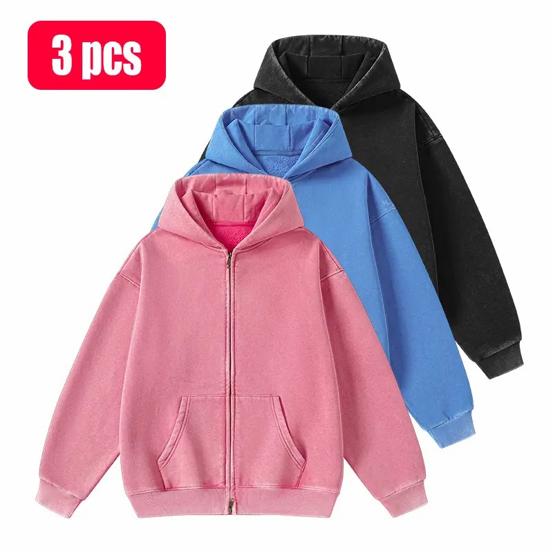 Unisex Vintage Washed Zip-Up Hoodie – Oversized Full-Zip Streetwear Sweatshirt with Kangaroo Pocket