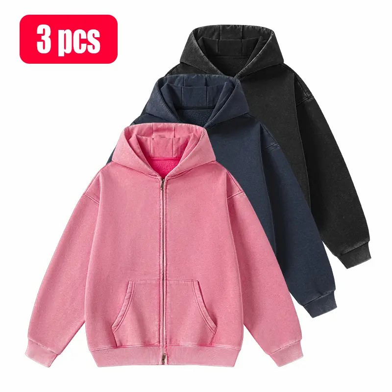 Unisex Vintage Washed Zip-Up Hoodie – Oversized Full-Zip Streetwear Sweatshirt with Kangaroo Pocket