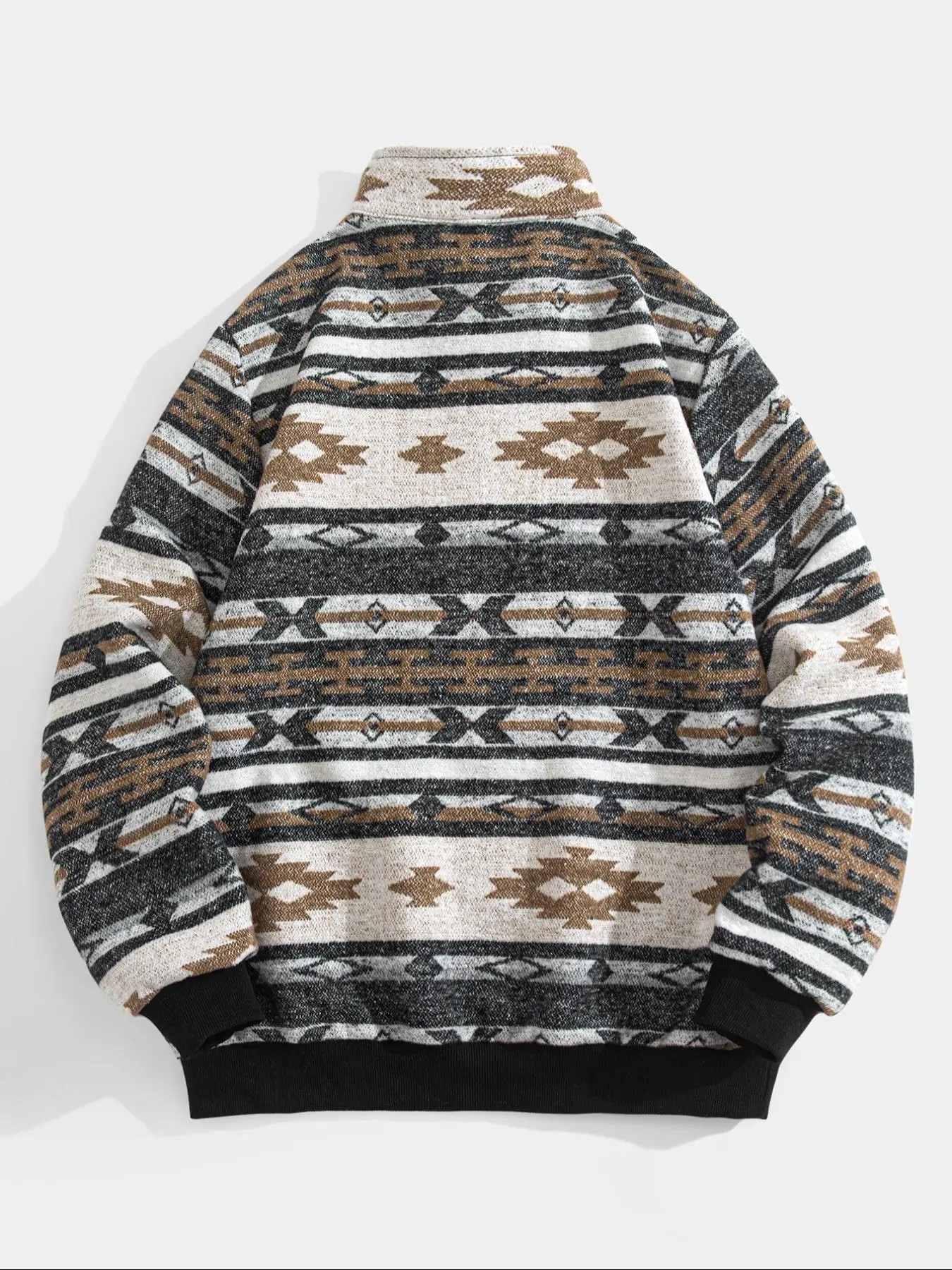 Men's Ethnic Pattern Half Zip Mock Neck Jacket – Loose Casual Long Sleeve Winter Outerwear