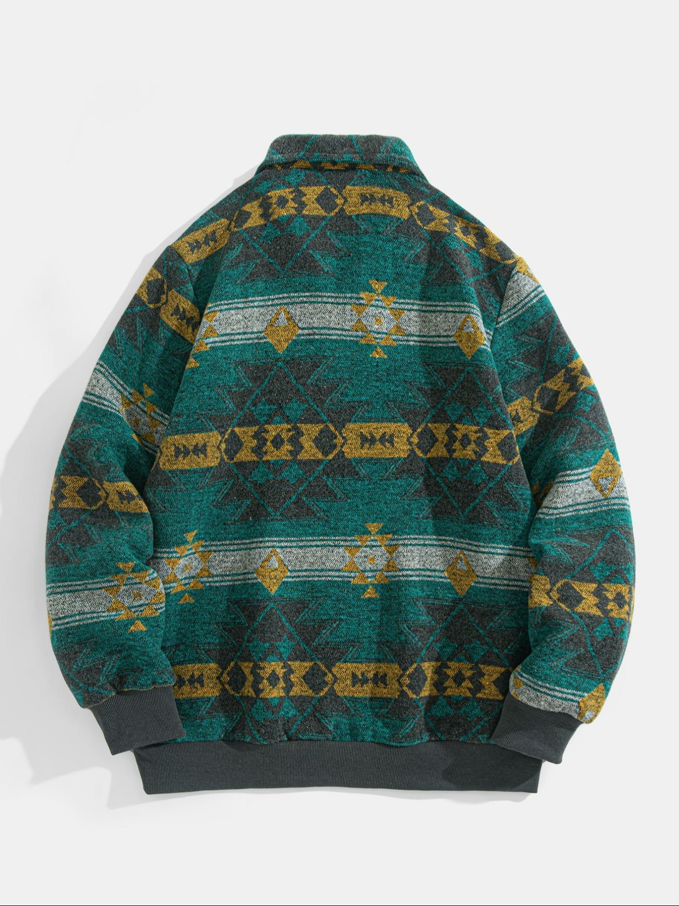 Men's Ethnic Pattern Half Zip Mock Neck Jacket – Loose Casual Long Sleeve Winter Outerwear