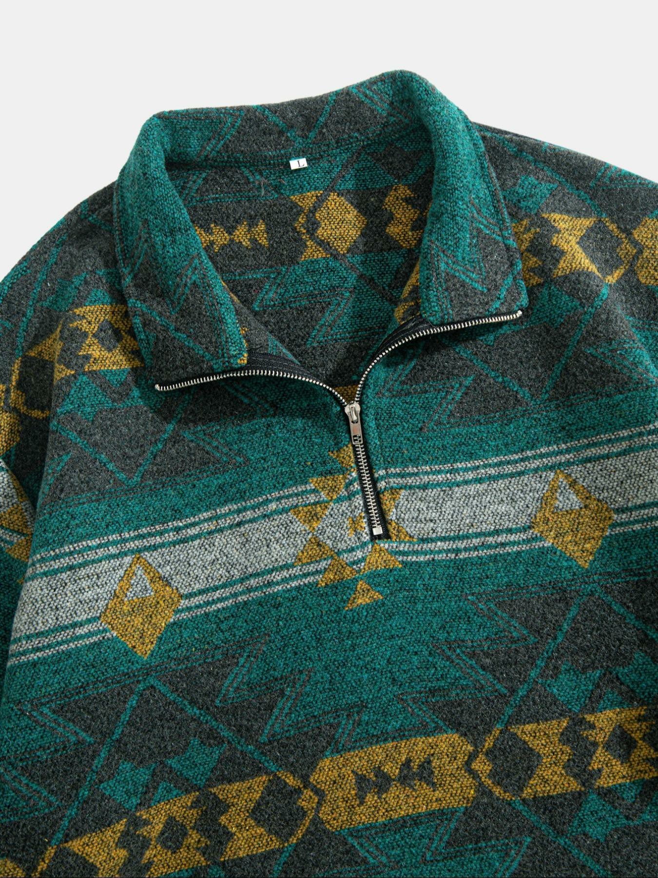 Men's Ethnic Pattern Half Zip Mock Neck Jacket – Loose Casual Long Sleeve Winter Outerwear